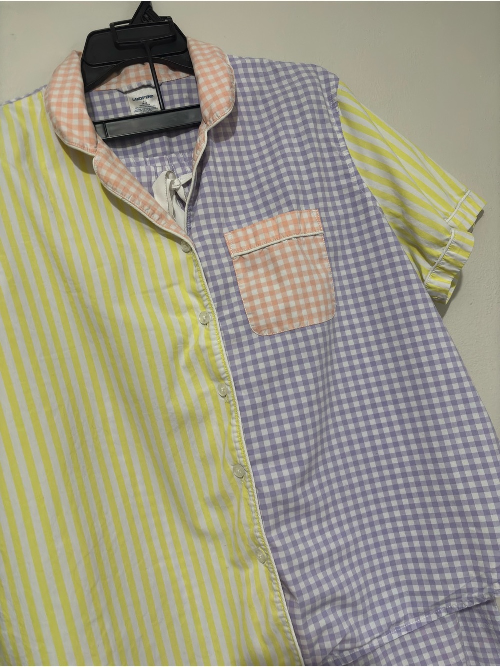 Vintage Lands' End Gingham Stripe Pajama Set Large Yellow Pink Cozy 100% Cotton - Picture 11 of 14